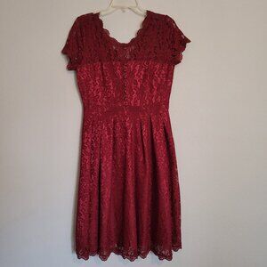 NWT Maroon/Wine Flower Lace A Line Midi Dress Short Sleeve Size L